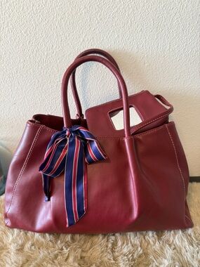 Nine West Burgundy Tote with Navy Red-Stripes Scarf